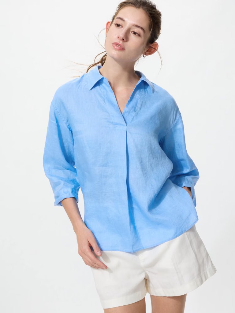 Uniqlo Women's Premium Linen Skipper Collar Shirt In A Light Blue Shade